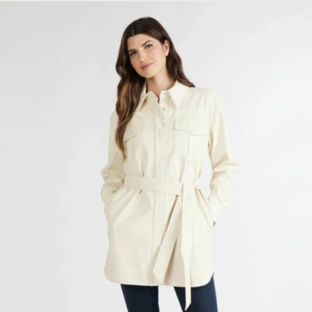 NVLT Cream Utility Jacket with Soft Texture and Mid-Thigh Length